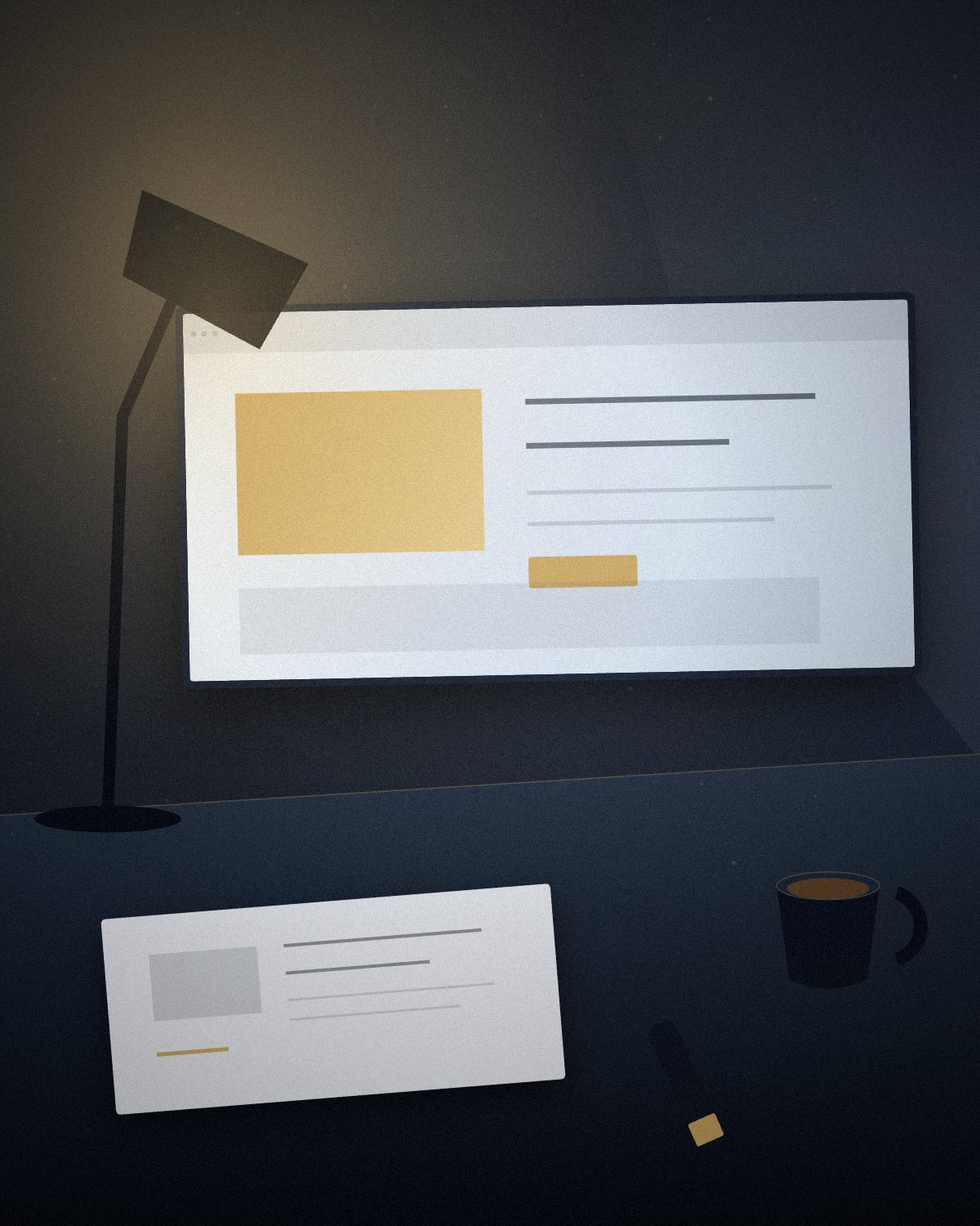 Arbeitsplatz von Webdesign Rylov in Paderborn: Website-Entwurf am Bildschirm, Skizzenbuch und Schreibtischlampe